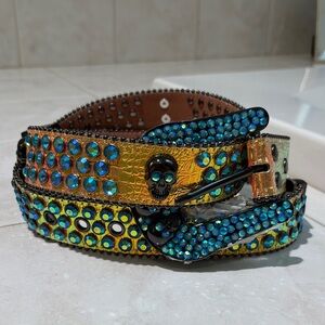 Rhinestone BeltStore Skull Buckle Shiny Gold  Belt with Multicolor Rhinestones